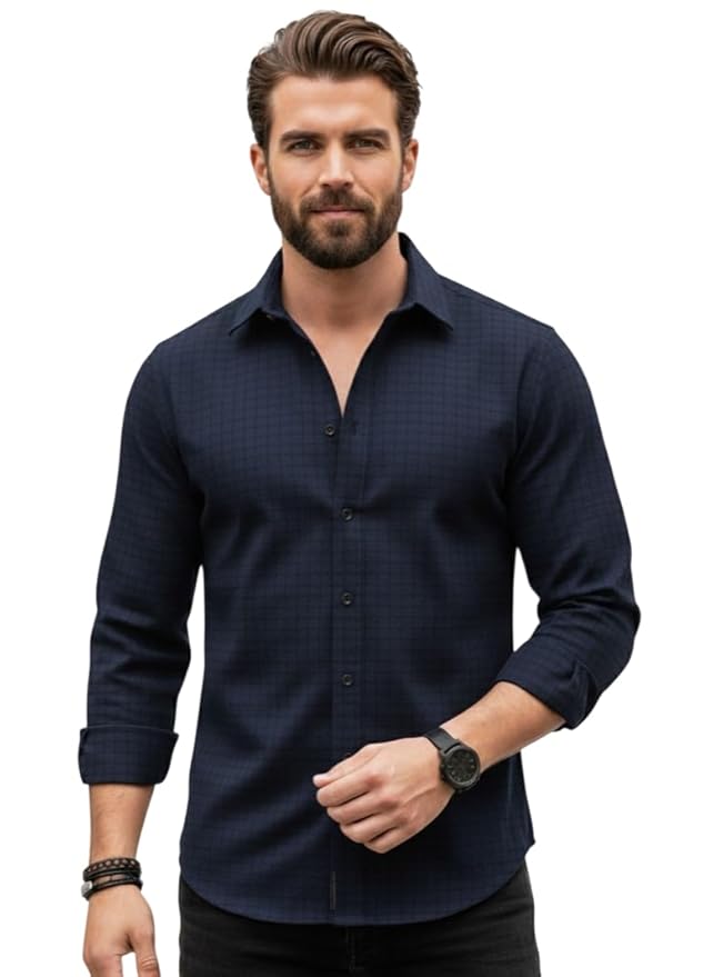 INKAST Men's Regular Fit Button Down Dress Shirts Textured Long Sleeve Casual Hawaiian Shirt