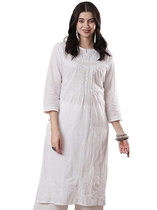 Ada Women's Cotton Regular Fit Tunic Lucknow Chikankari Kurta Hand Embroidered Kurti