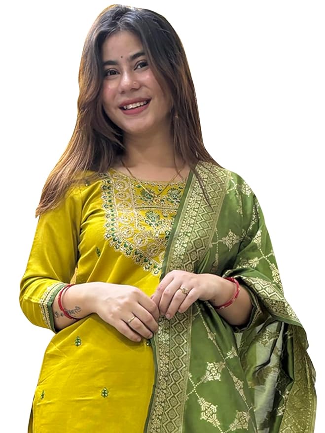 VredeVogel Women's Embroidered Viscose Rayon Kurta with Pant & Banarasi Silk Dupatta Set